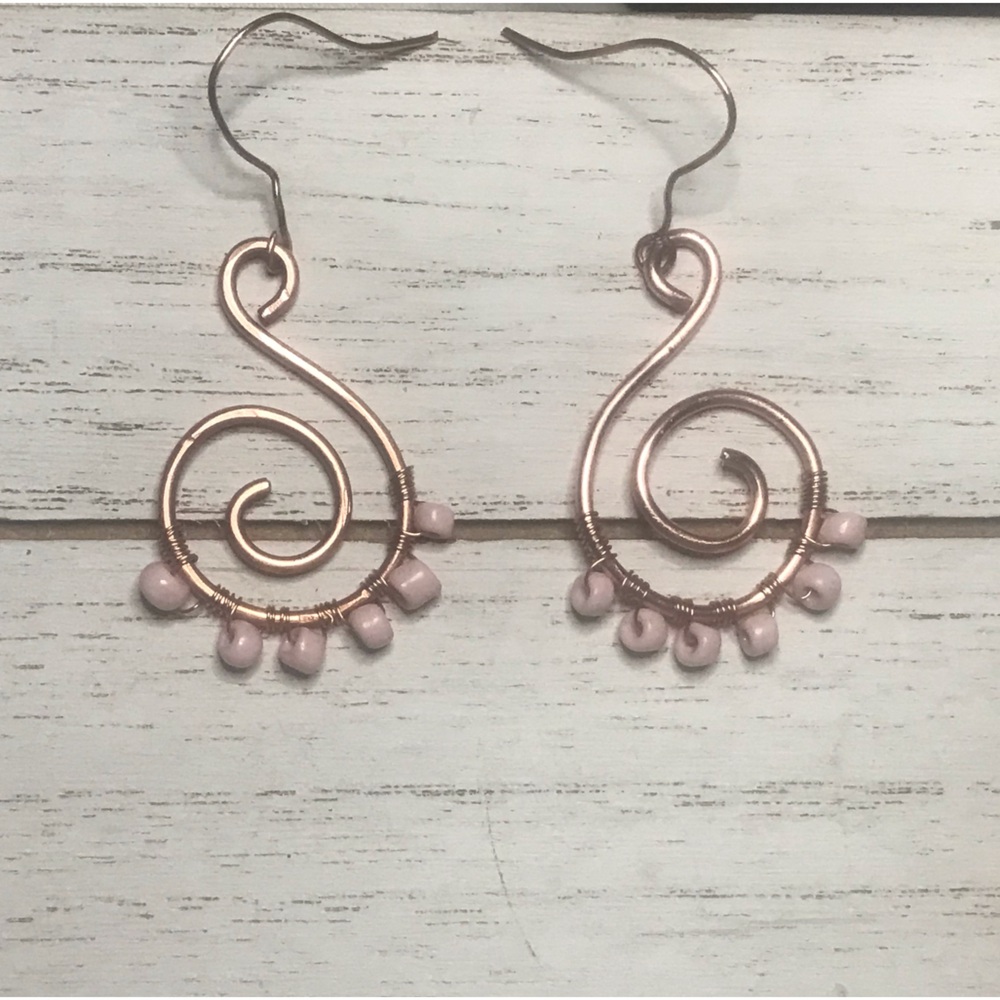 BOGO 50% off! Beaded Dangly, Swirl Earrings. Copper wire + pink beads